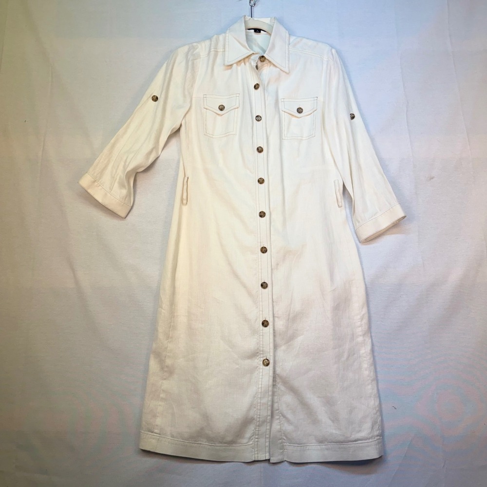 Tahari Arthur S Levine White Linen Safari Shirt Dress Button Front Midi 6
